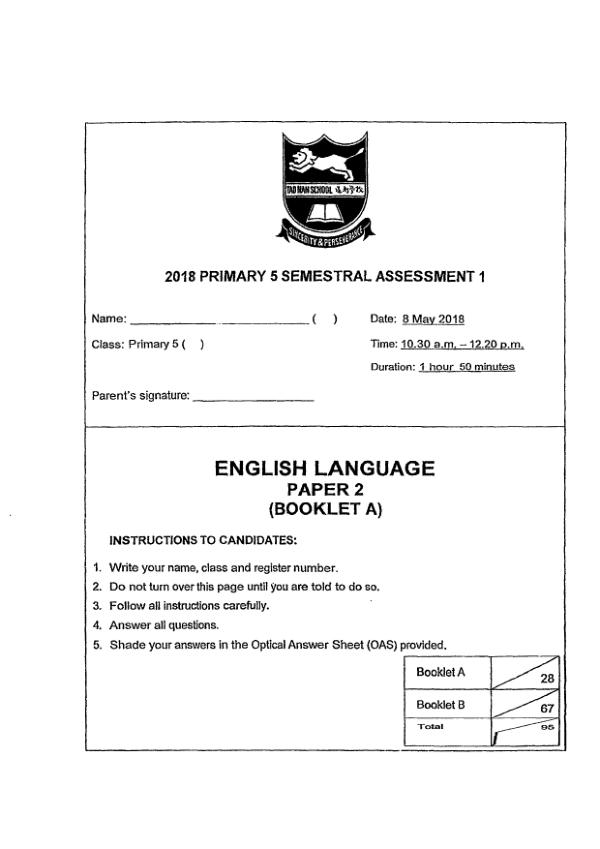 Tao Nan P5 Eng WA2 2018 exam paper PDF first page preview