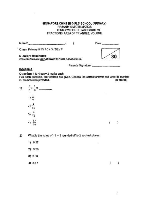 First page preview of P5 Math 2022 WA3 — Singapore Chinese Girls