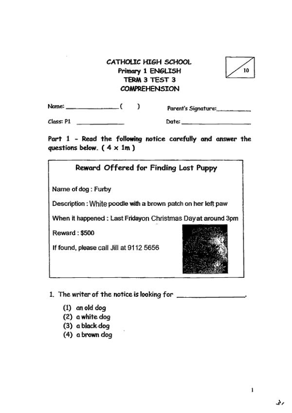 Catholic High P1 Eng WA3 2011 exam paper PDF preview