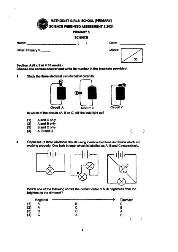 Methodist Girls P5 Sci WA3 2021 exam paper PDF first page preview