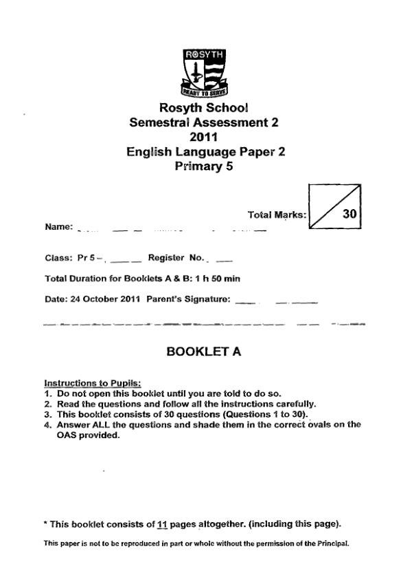 Rosyth P5 Eng SA2 2011 exam paper PDF first page preview