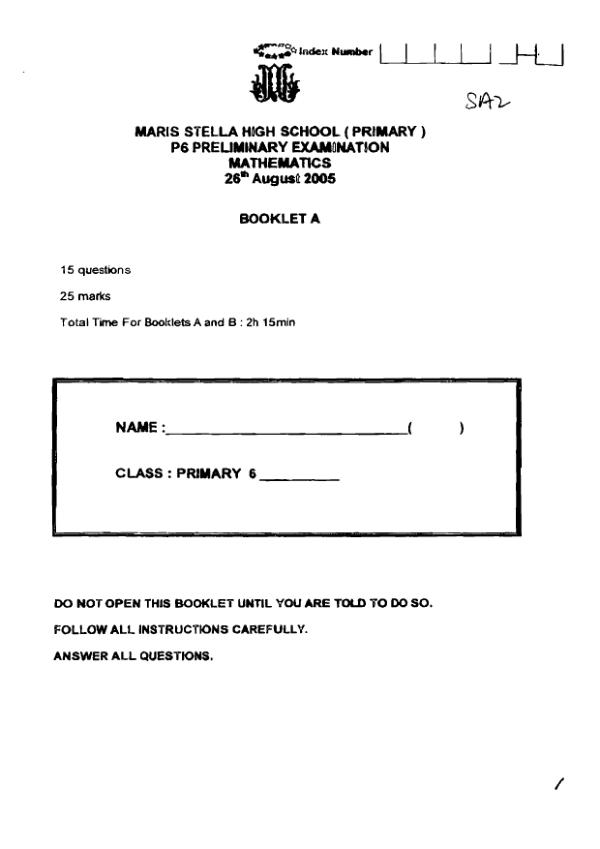 Maris Stella High P6 Math SA2 2005 exam paper PDF first page preview