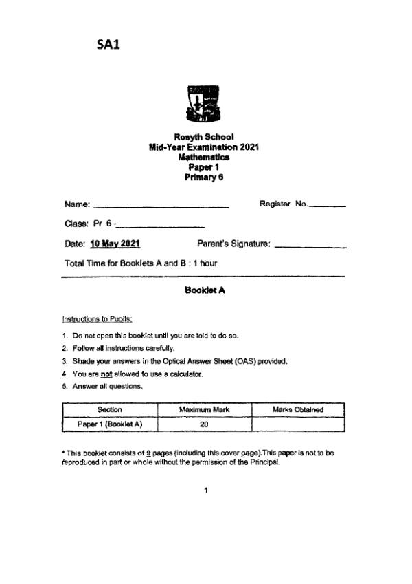 First page preview of P6 Math 2021 WA2 — Rosyth