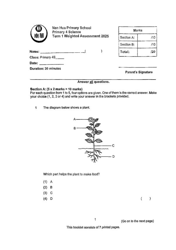 First page preview of P4 Sci 2025 WA1 — Nan Hua