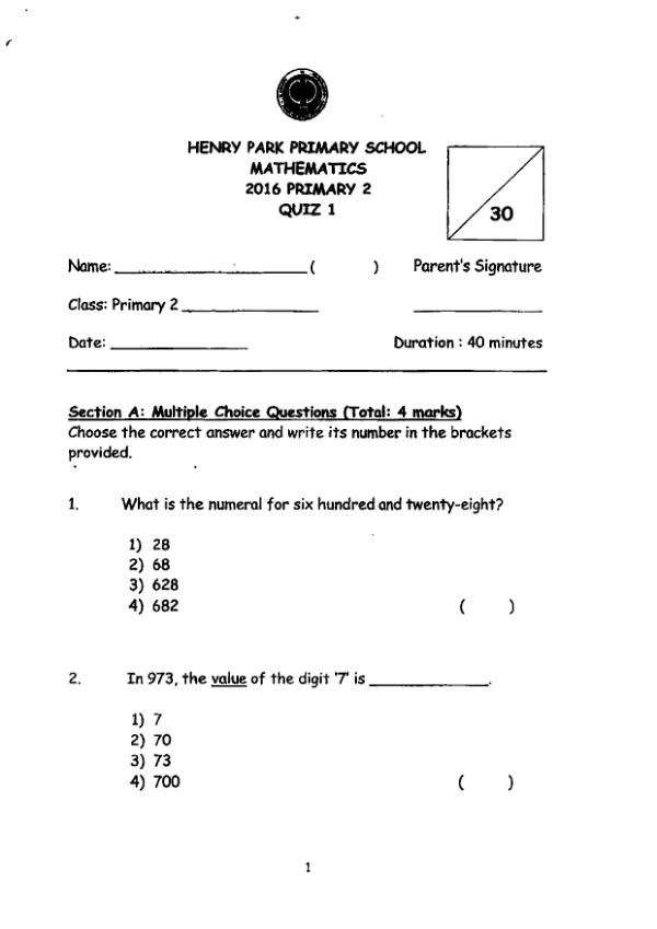 First page preview of P2 Math 2016 WA1 — Henry Park