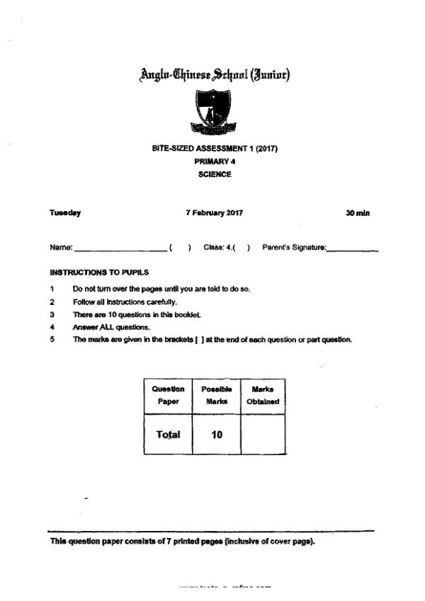 Anglo Chinese P4 Sci WA1 2017 exam paper PDF preview