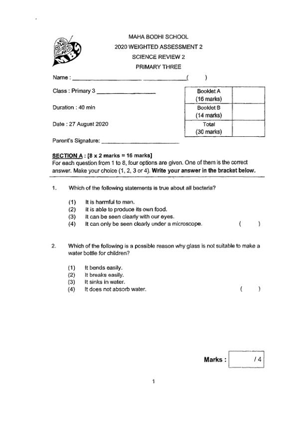 Maha Bodhi P3 Sci WA3 2020 exam paper PDF first page preview