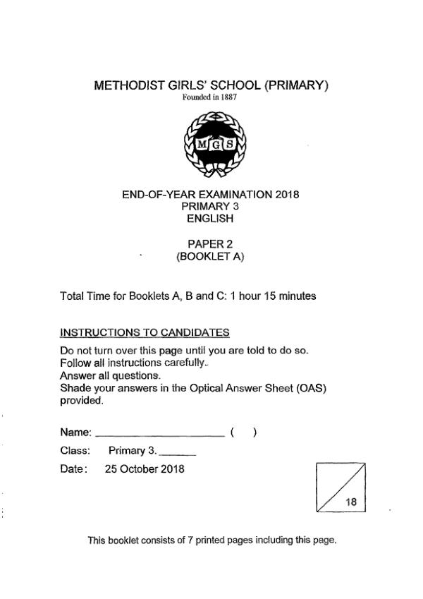 Methodist Girls P3 Eng SA2 2018 exam paper PDF first page preview