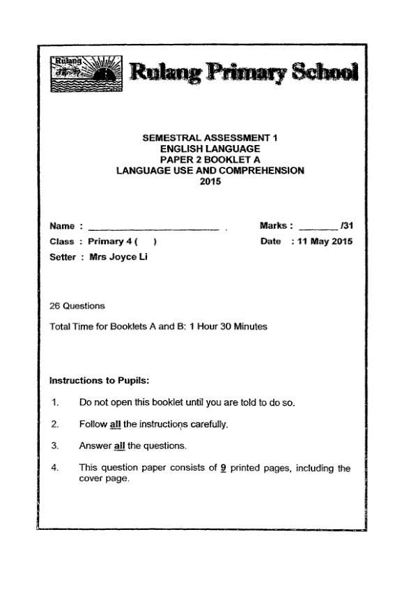 Rulang P4 Eng WA2 2015 exam paper PDF first page preview