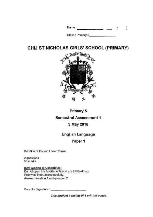 CHIJ P5 Eng WA2 2018 exam paper PDF first page preview