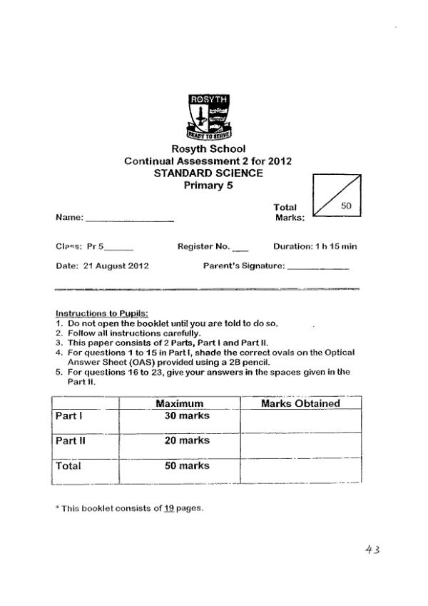 Rosyth P5 Sci SA2 2012 exam paper PDF preview