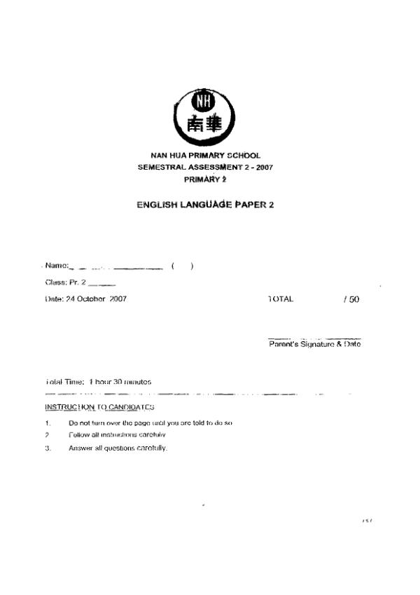 Nan Hua P2 Eng SA2 2007 exam paper PDF preview