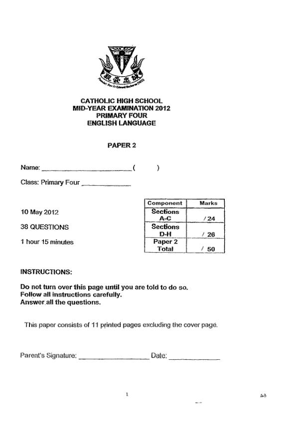 Catholic High P4 Eng WA2 2012 exam paper PDF first page preview
