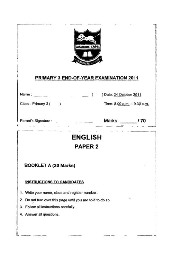 Tao Nan P3 Eng SA2 2011 exam paper PDF first page preview