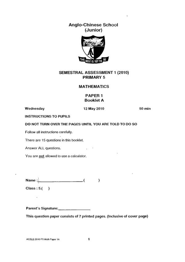 Anglo Chinese P5 Math WA2 2010 exam paper PDF first page preview