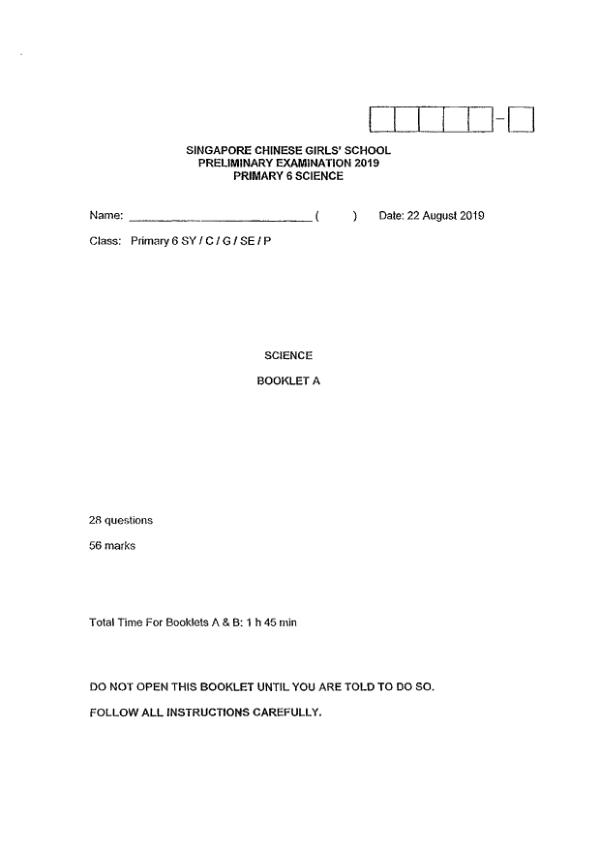 Singapore Chinese Girls P6 Sci SA2 2019 exam paper PDF first page preview