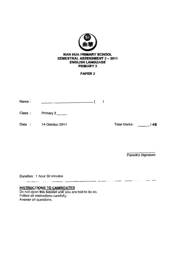 Nan Hua P3 Eng SA2 2011 exam paper PDF preview