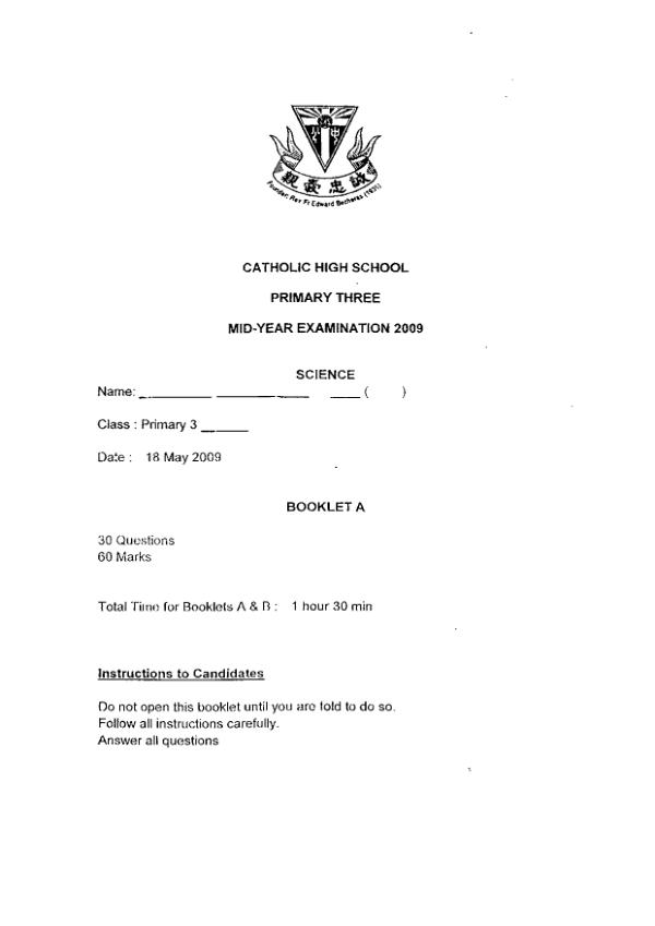 Catholic High P3 Sci WA2 2009 exam paper PDF preview
