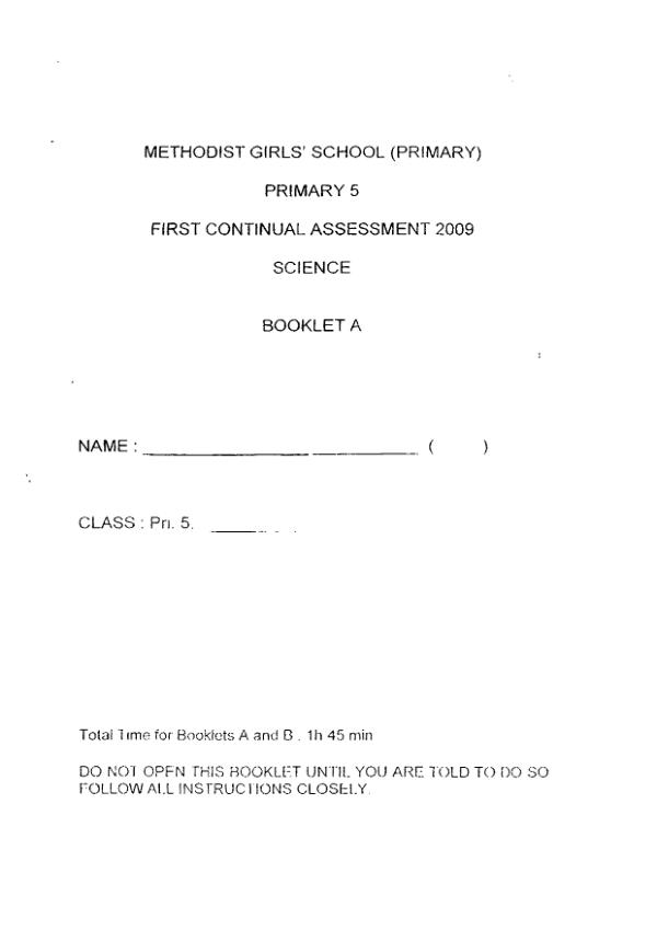 Methodist Girls P5 Sci WA1 2009 exam paper PDF first page preview