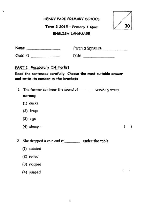Henry Park P1 Eng WA2 2015 exam paper PDF preview