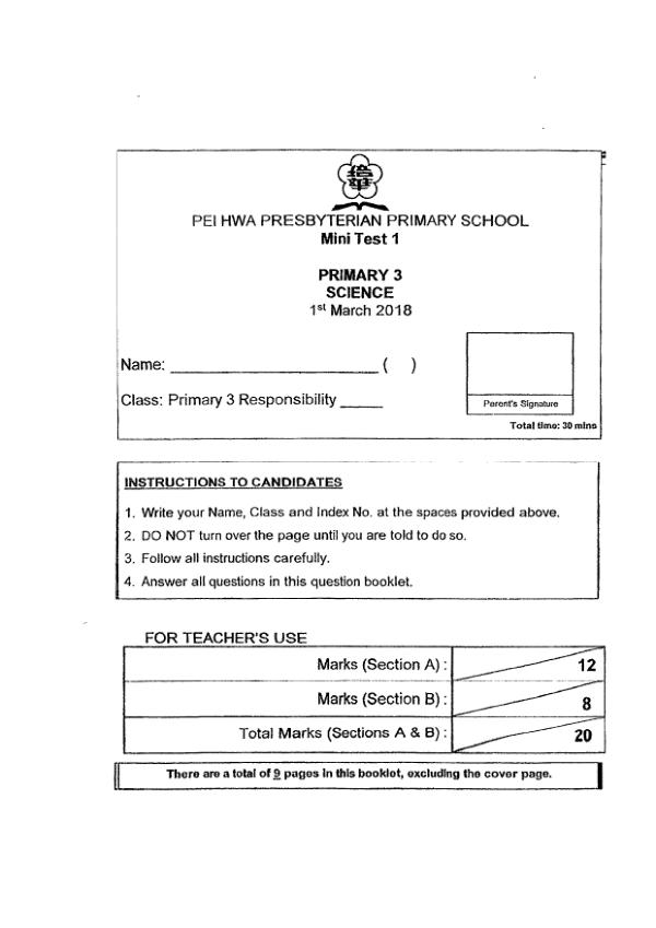 Pei Hwa P3 Sci WA1 2018 exam paper PDF preview