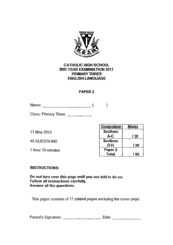 Catholic High P3 Eng WA2 2013 exam paper PDF preview