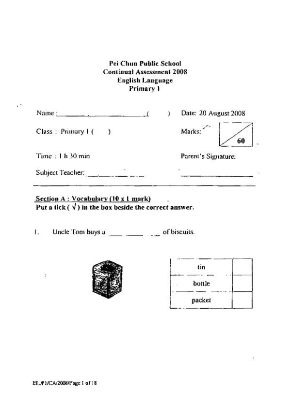 Pei Chun P1 Eng WA3 2008 exam paper PDF first page preview