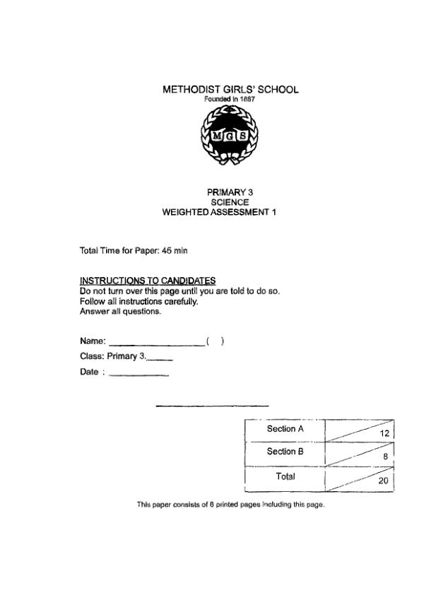 First page preview of P3 Sci 2025 WA1 — Methodist Girls