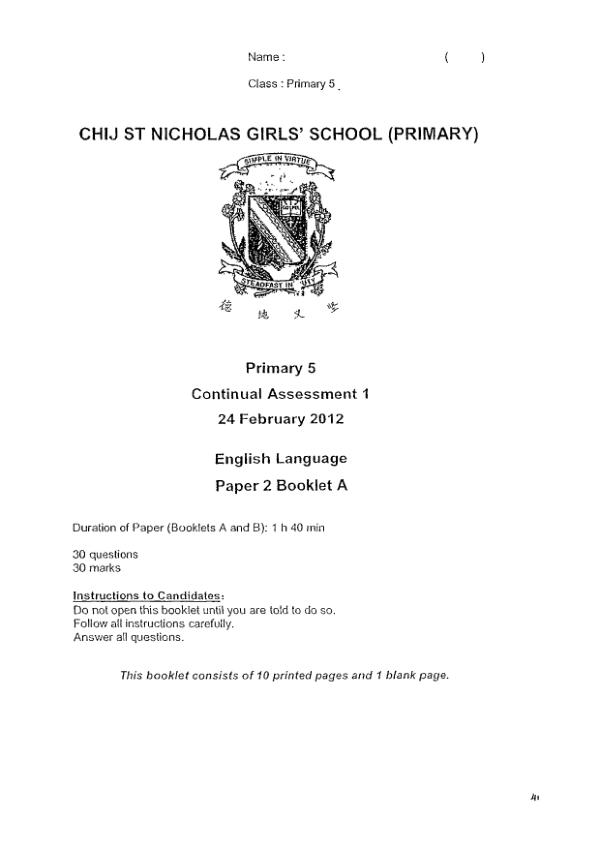 CHIJ P5 Eng WA1 2012 exam paper PDF first page preview