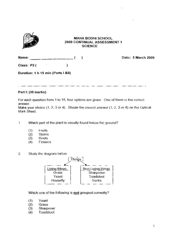 Maha Bodhi P3 Sci WA1 2009 exam paper PDF preview