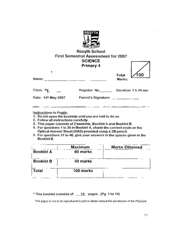 Rosyth P4 Sci WA2 2007 exam paper PDF preview