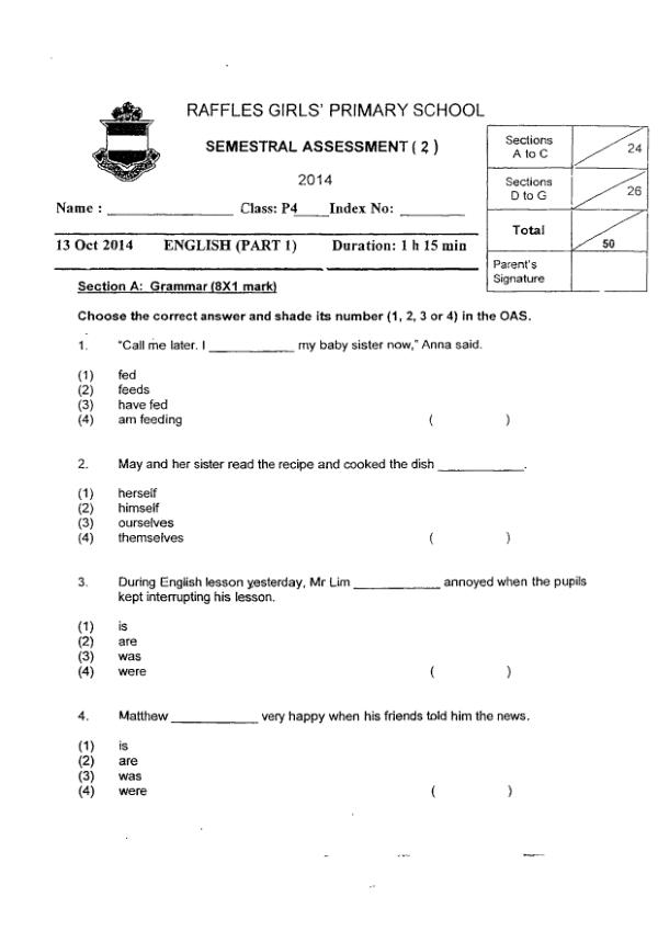 Raffles Girls P4 Eng SA2 2014 exam paper PDF first page preview