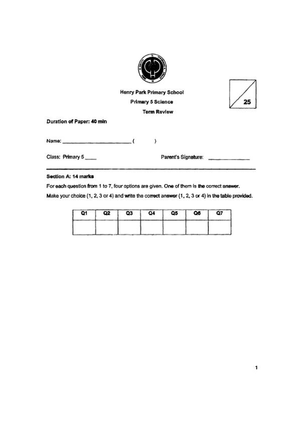 Henry Park P5 Sci WA3 2023 exam paper PDF preview