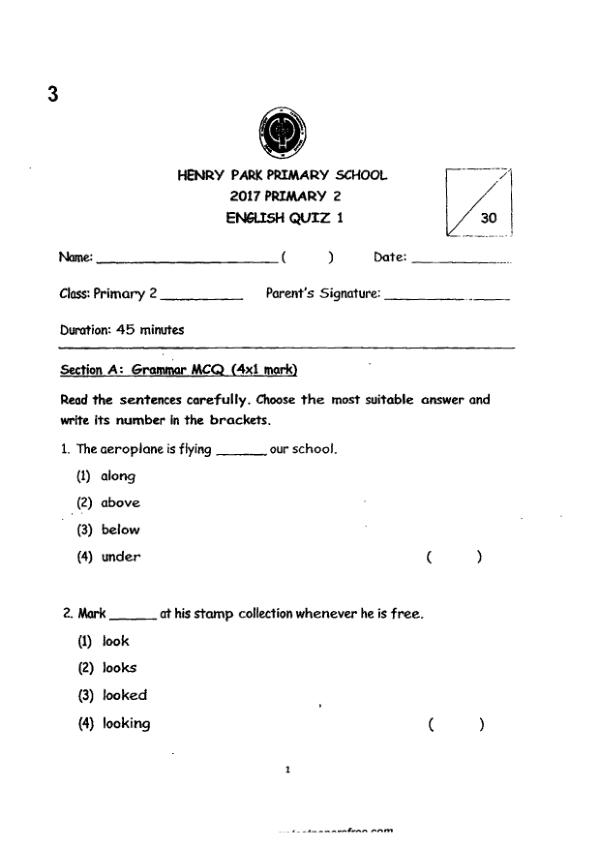 Henry Park P2 Eng WA1 2017 exam paper PDF preview