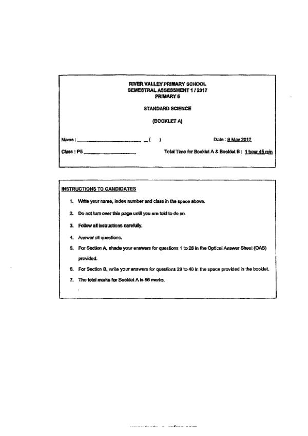 River Valley P5 Sci WA2 2017 exam paper PDF first page preview