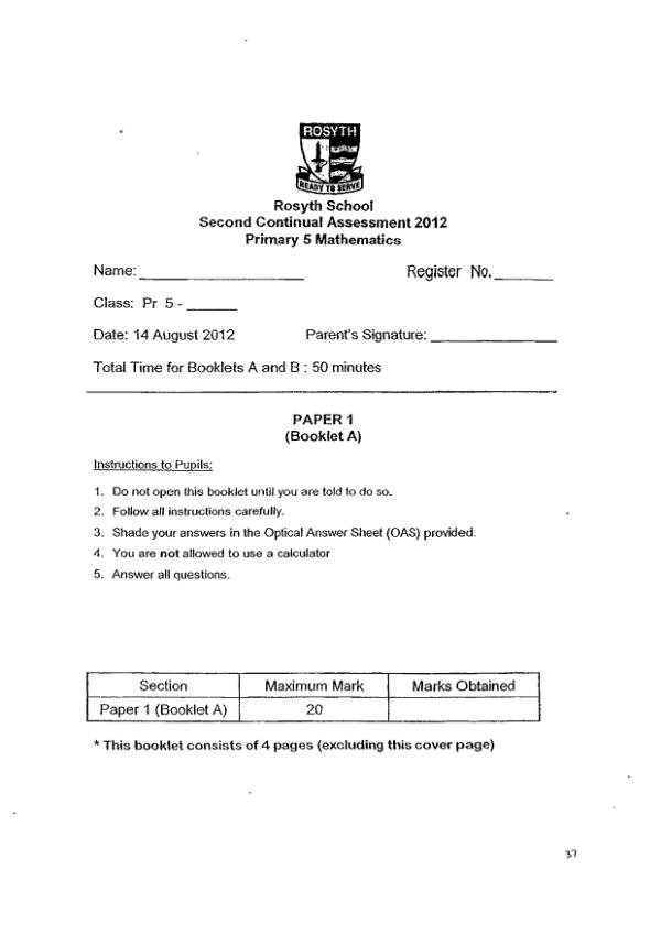 Rosyth P5 Math WA3 2012 exam paper PDF first page preview