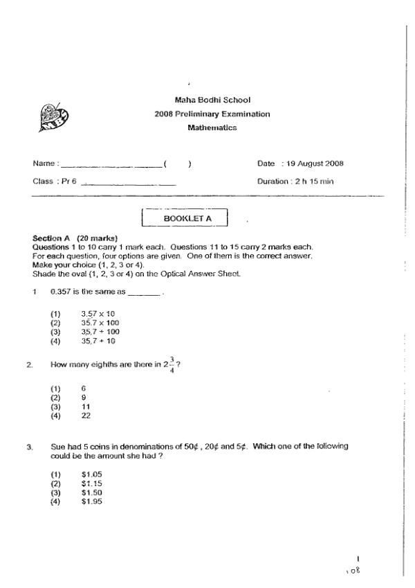 Maha Bodhi P6 Math SA2 2008 exam paper PDF preview