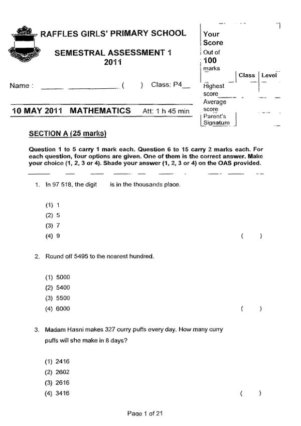 Raffles Girls P4 Math WA2 2011 exam paper PDF preview