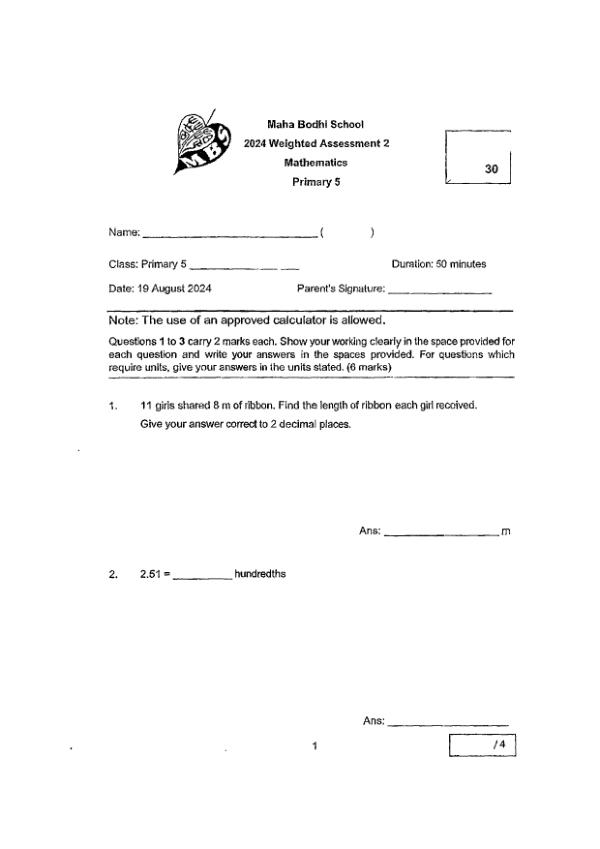 First page preview of P5 Math 2024 WA2 — Maha Bodhi