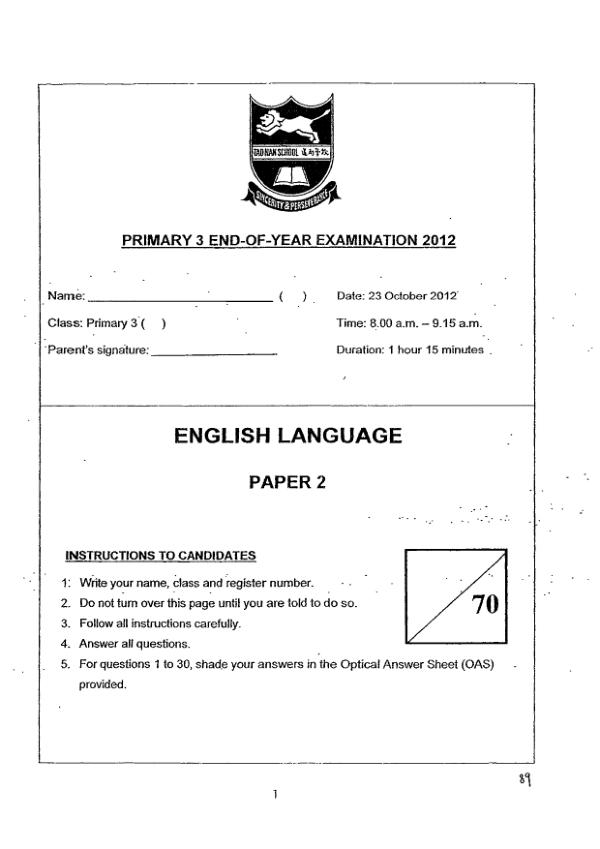 Tao Nan P3 Eng SA2 2012 exam paper PDF preview