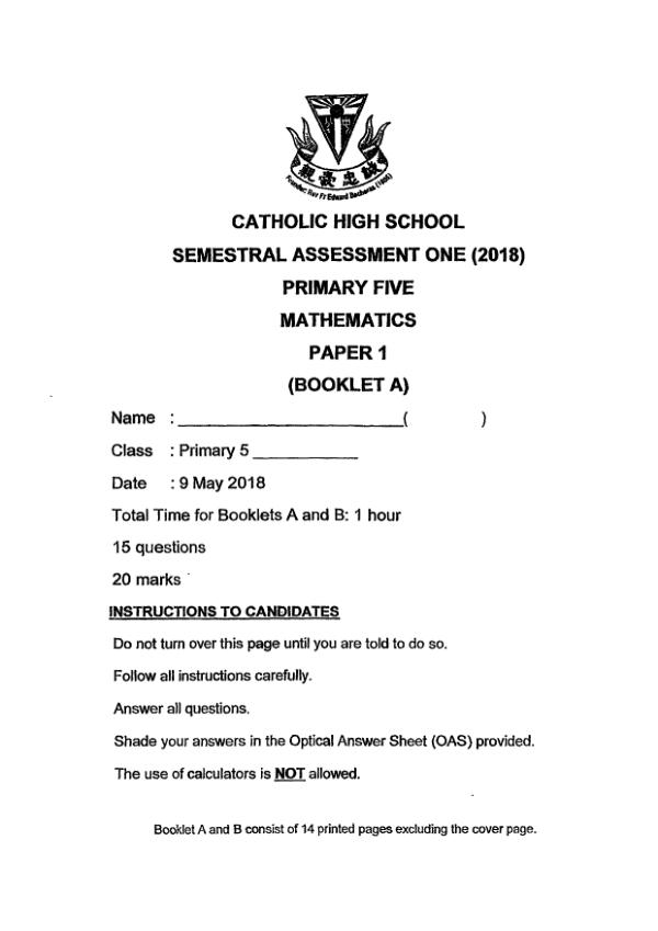 First page preview of P5 Math 2018 WA2 — Catholic High