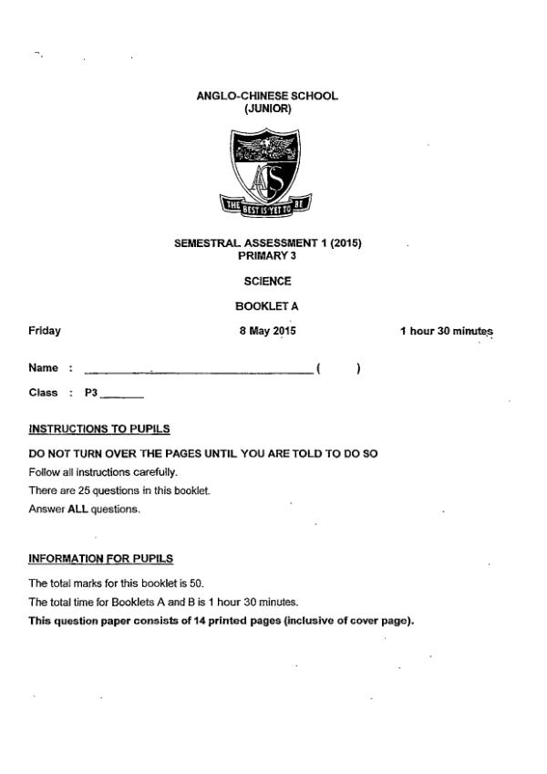 Anglo Chinese P3 Sci WA2 2015 exam paper PDF first page preview