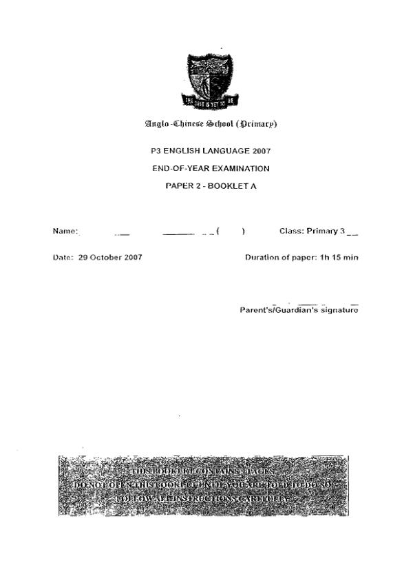 Anglo Chinese P3 Eng SA2 2007 exam paper PDF preview