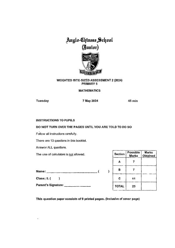First page preview of P5 Math 2024 WA2 — Anglo Chinese