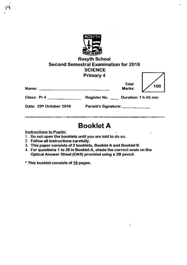 Rosyth P4 Sci SA2 2016 exam paper PDF first page preview