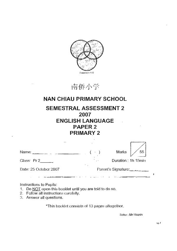 Nan Chiau P2 Eng SA2 2007 exam paper PDF preview