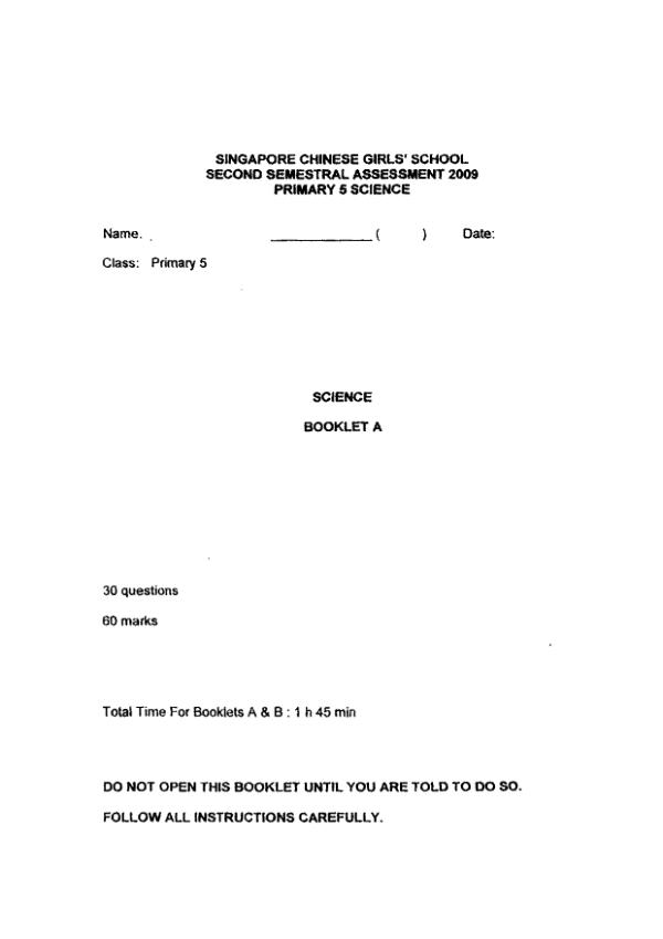 Singapore Chinese Girls P5 Sci SA2 2009 exam paper PDF first page preview