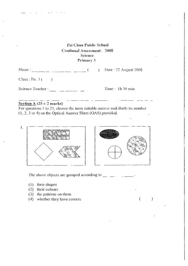 Pei Chun P3 Sci WA3 2008 exam paper PDF preview