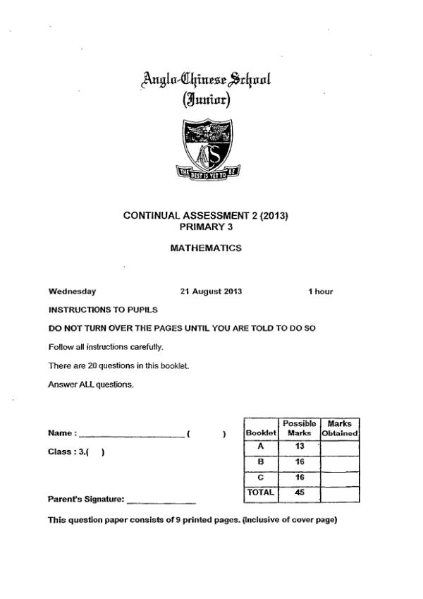 Anglo Chinese P3 Math WA3 2013 exam paper PDF preview