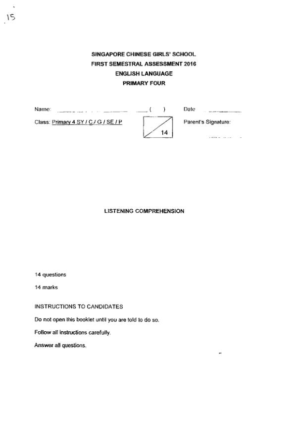 Singapore Chinese Girls P4 Eng WA2 2016 exam paper PDF first page preview